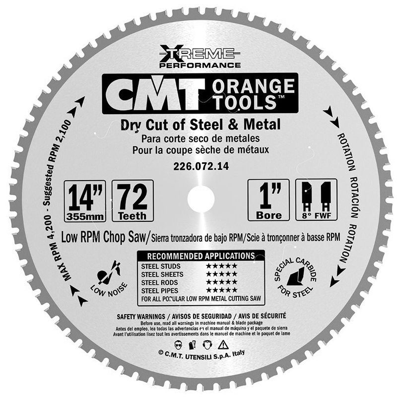 Диск пильный 355x25,4x2,2/1,8 0° 8° FWF Z=72 1600 об/мин CMT 226.072.14