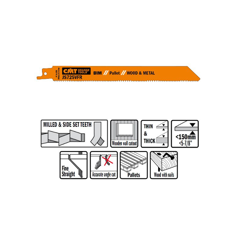 Пилки сабельные 5 штук  для  дерева и металла(BIM) 200x2,1-3,2x8-12TPI CMT JS725VFR-5