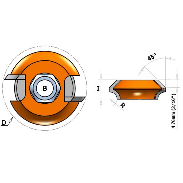 Фреза Z2  F=8 D=38X12,7  радиус R4,75 и фаска 45° CMT 822.029.11