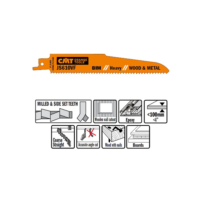 Пилки сабельные 5 штук  для  дерева и металла(BIM) 150x3,2-5x5-8TPI CMT JS610VF-5