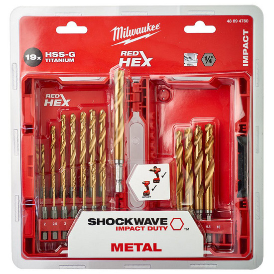 Набор сверл по металлу MILWAUKEE SHOCKWAVE HSS-G TIN RED HEX - 19 шт