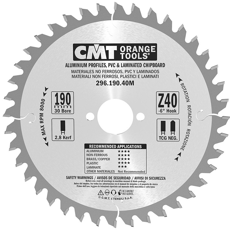 Диск пильный 190x30x2,8/2,2 -6° TCG Z=40 CMT 296.190.40M