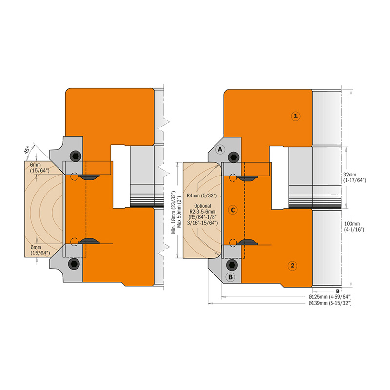 Фреза фасочная регулируемая F=50 D=124x15-50 насадная (алюм.) смен.ножи HM (кейс) CMT 694.005.50